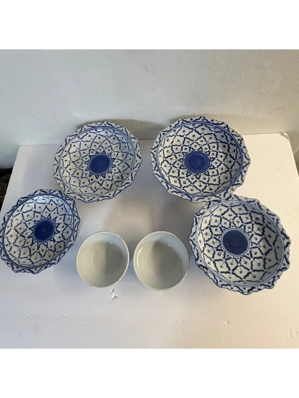 Set of 6 Blue & White Thai Style Pedestal Bowls‎ & Small Bowls Storage B-13